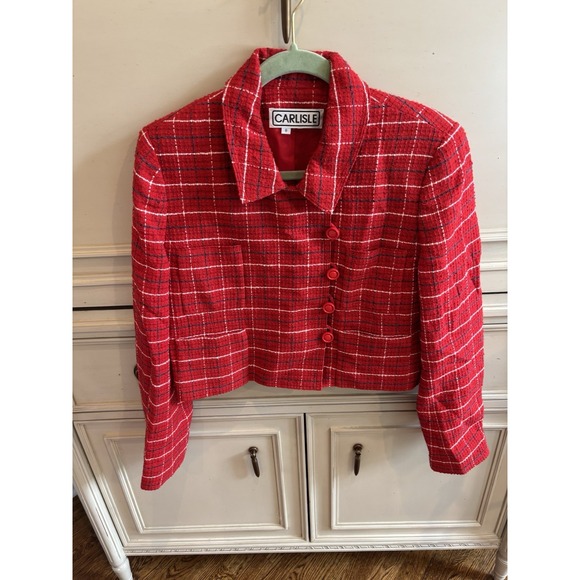 Vintage Carlisle Red Plaid Button Up Blazer Holiday Christmas Size 8 Grandmacore - Picture 1 of 9